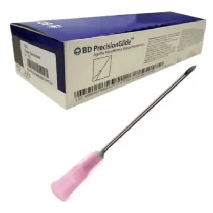 Imagem de uma caixa de agulha 40x12 representando uma caixa com 100 unidades dentro. Uma agulha 40x12 fora da caixa, com cabo rosa.