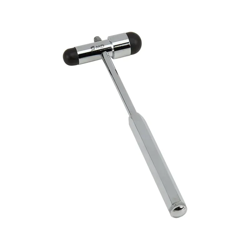 Imagem de um martelo de reflexos MD Buck, com cabo fino prateado e ponta preta, em um fundo branco.